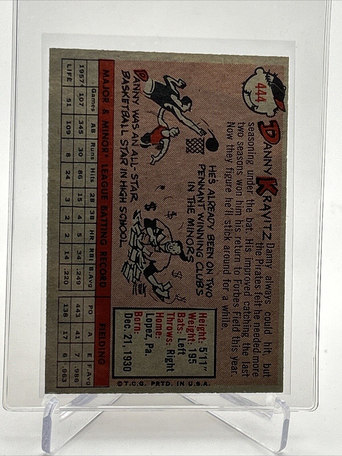 1958 Topps Danny Kravitz Baseball Card #444 EX-MT Quality #3 FREE SHIPPING