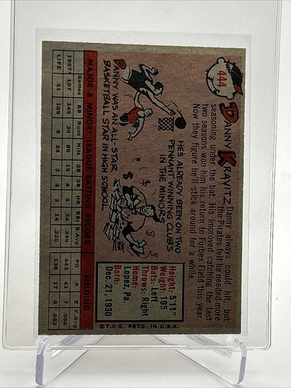 1958 Topps Danny Kravitz Baseball Card #444 EX-MT Quality #3 FREE SHIPPING