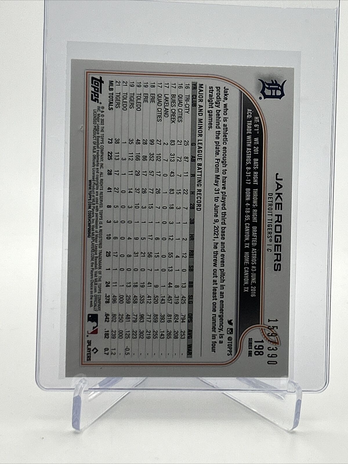 2022 Topps HOBBY FOILBOARD Jake Rogers Baseball Card #198 /390 FREE SHIPPING