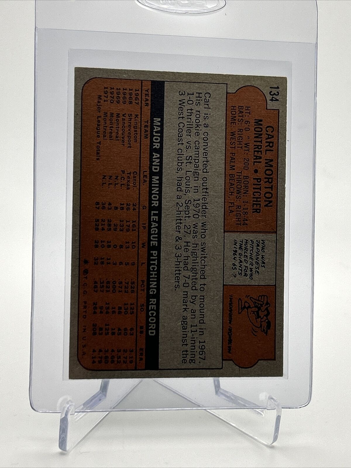 1972 Topps Carl Morton Baseball Card #134 VG-EX Quality FREE SHIPPING