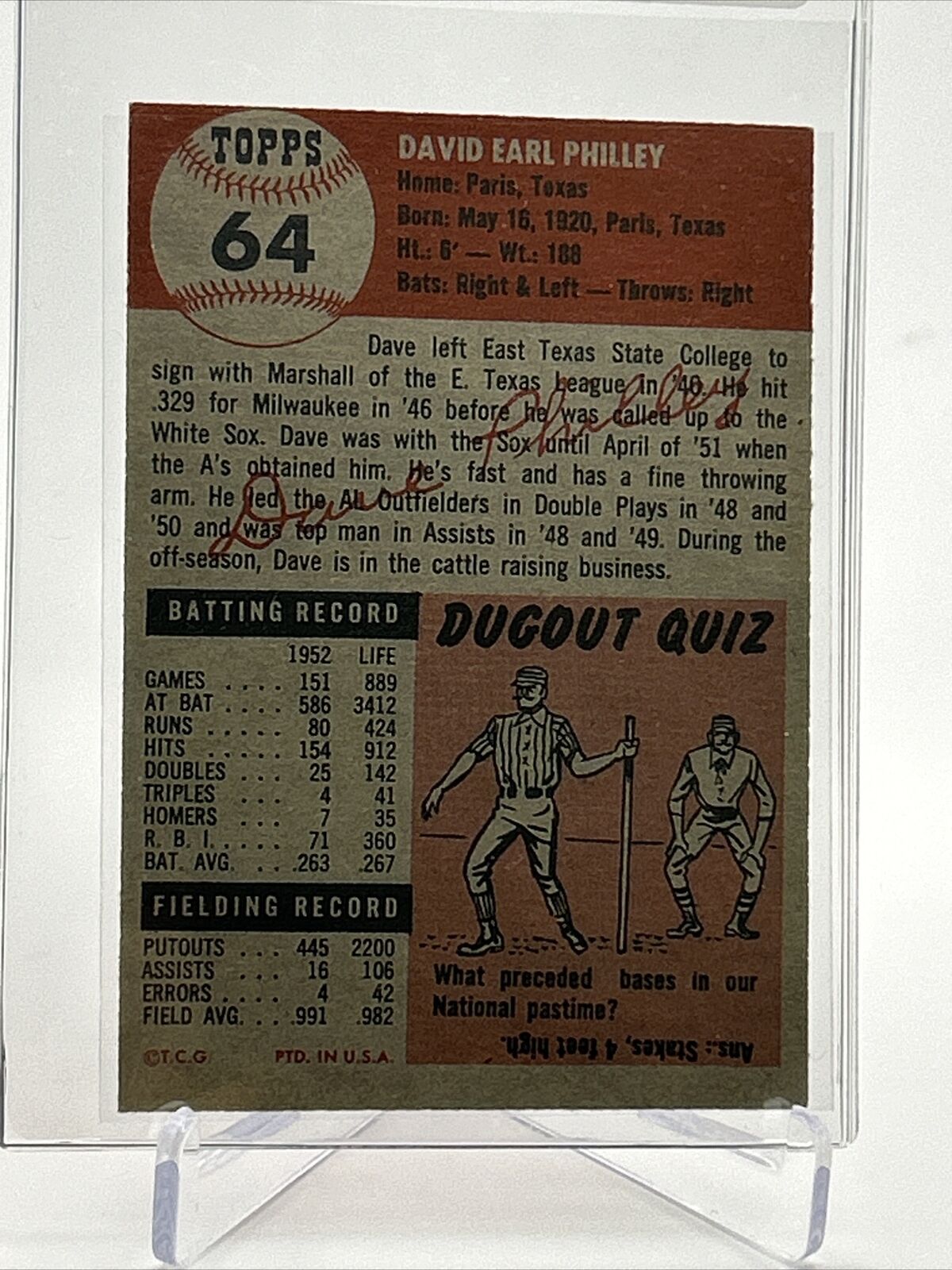 1953 Topps Dave Philley Baseball Card #64 EX Quality FREE SHIPPING