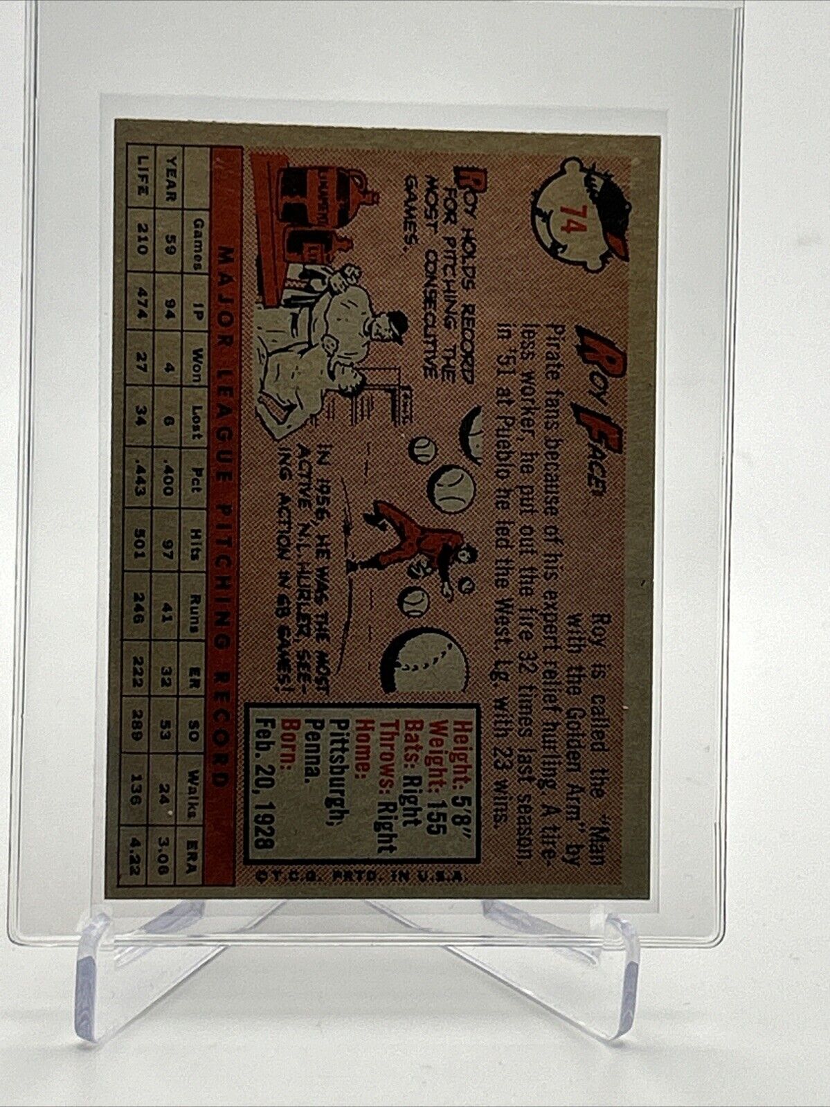 1958 Topps Roy Face Baseball Card #74 EX-MT Quality #2 FREE SHIPPING