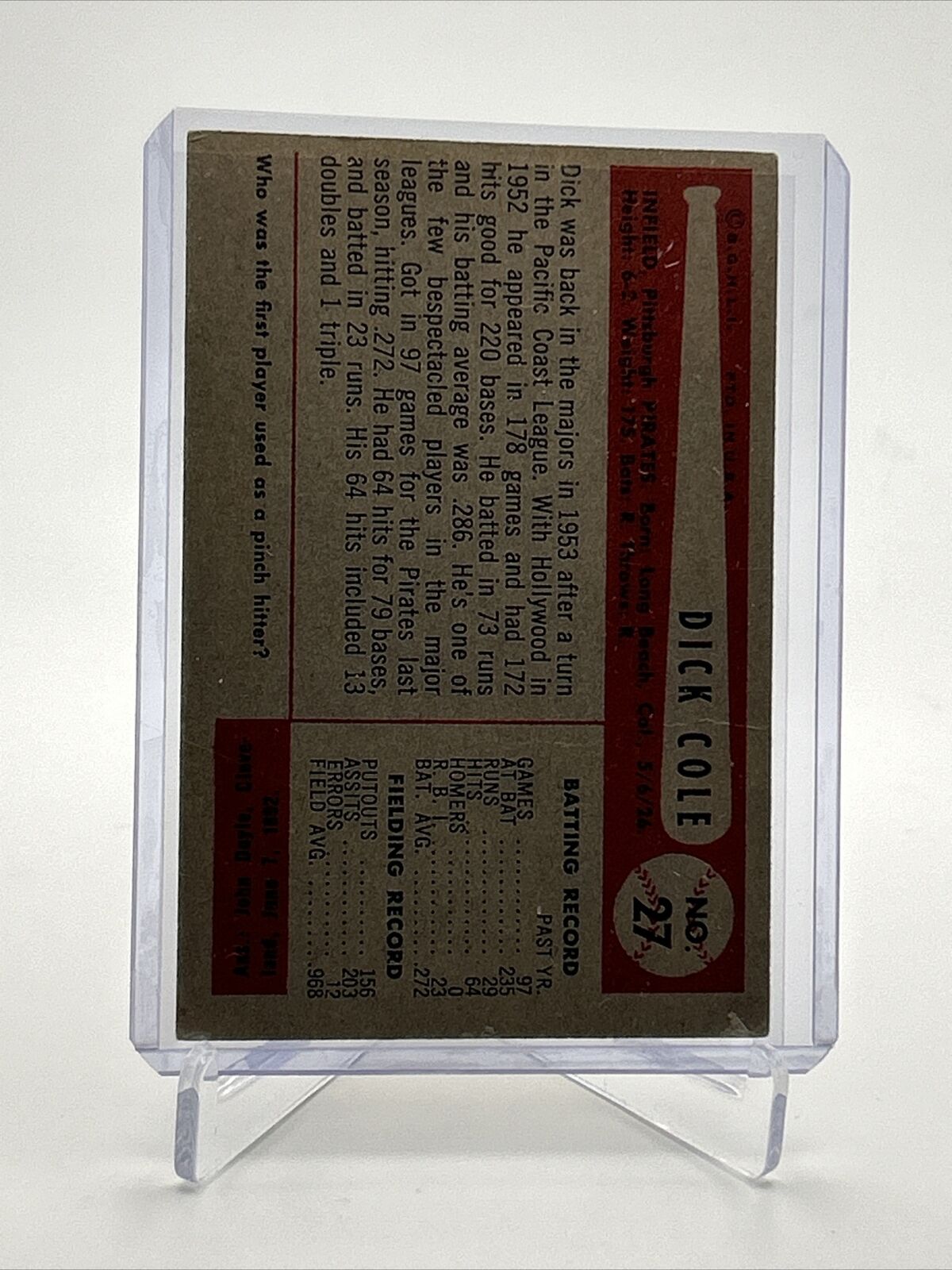 1954 Bowman Dick Cole Baseball Card #27 EX Quality FREE SHIPPING