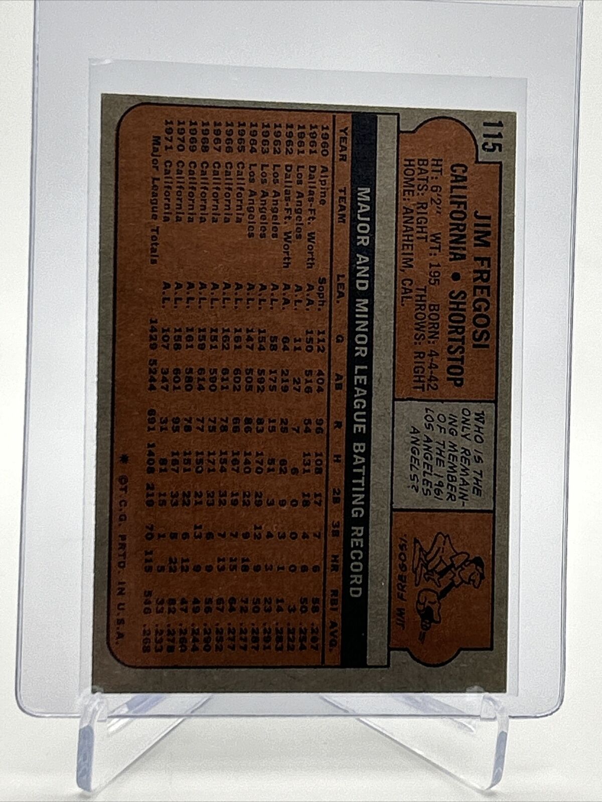 1972 Topps Jim Fregosi Baseball Card #115 VG-EX Quality FREE SHIPPING