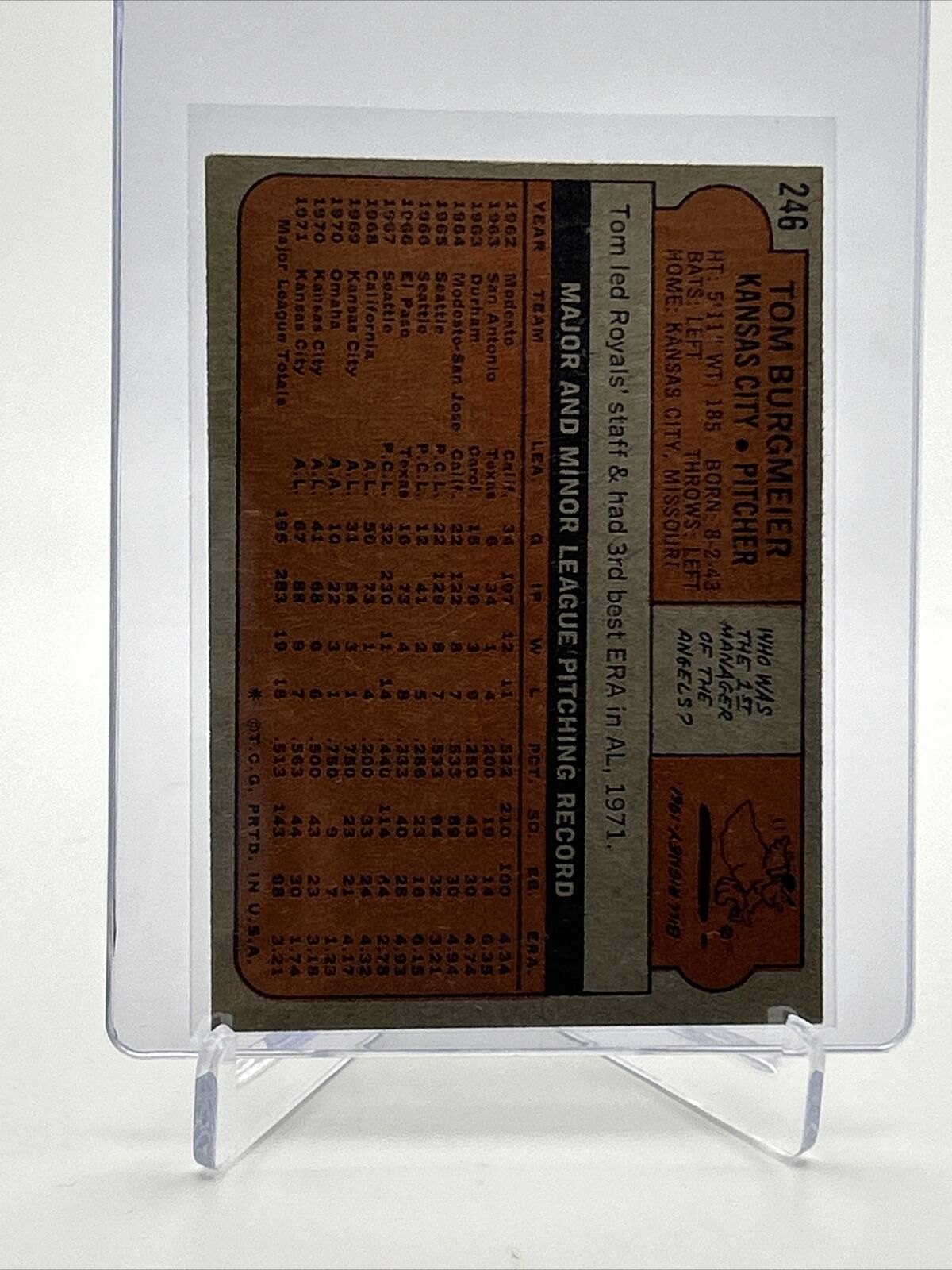 1972 Topps Tom Burgmeier Baseball Card #246 VG-EX Quality FREE SHIPPING