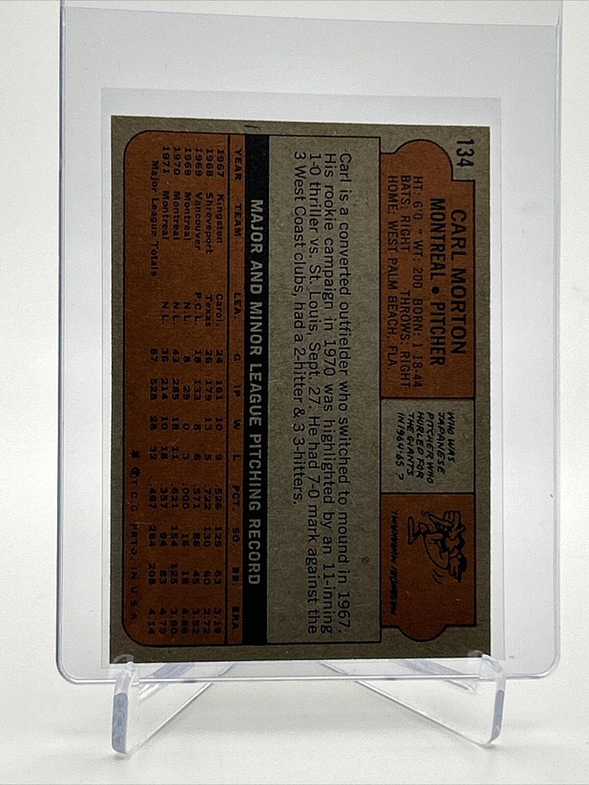 1972 Topps Carl Morton Baseball Card #134 EX-MT Quality FREE SHIPPING