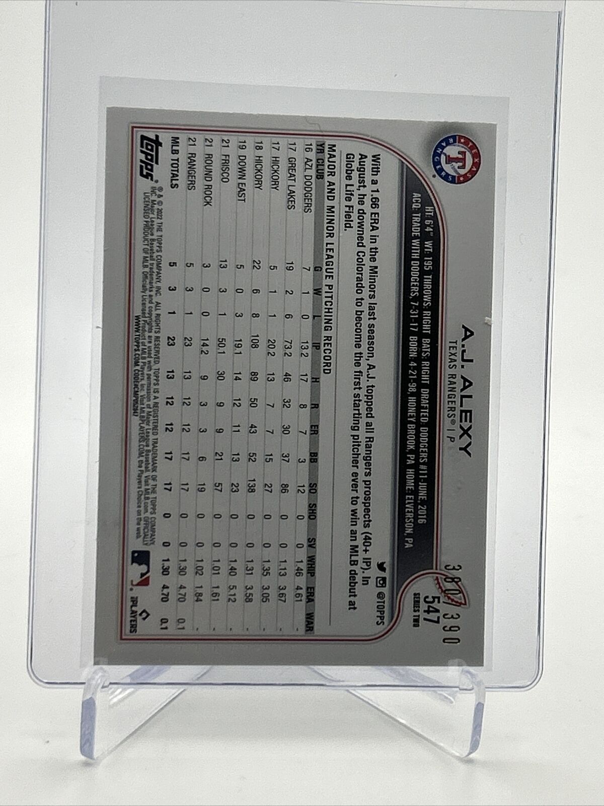 2022 Topps HOBBY FOILBOARD A.J. Alexy Rookie Card #547 /390 FREE SHIPPING