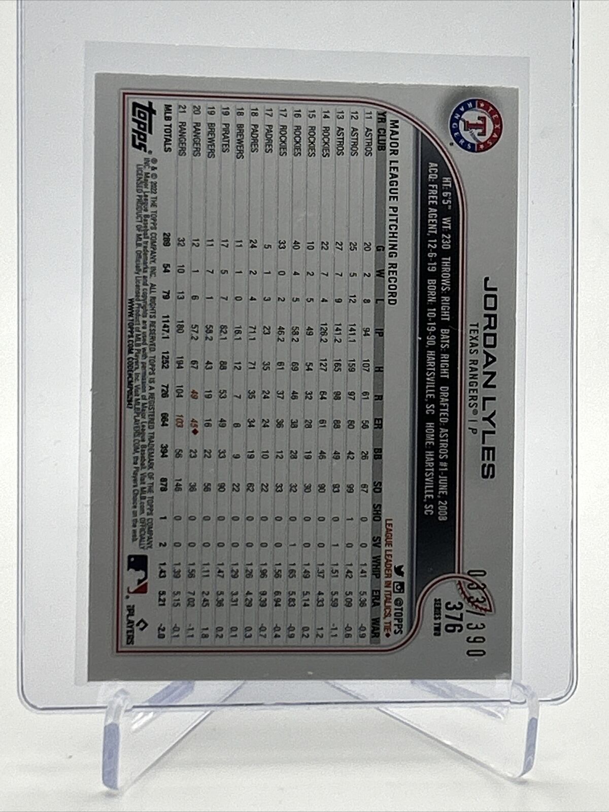 2022 Topps HOBBY FOILBOARD Jordan Lyles Baseball Card #376 /390 FREE SHIPPING