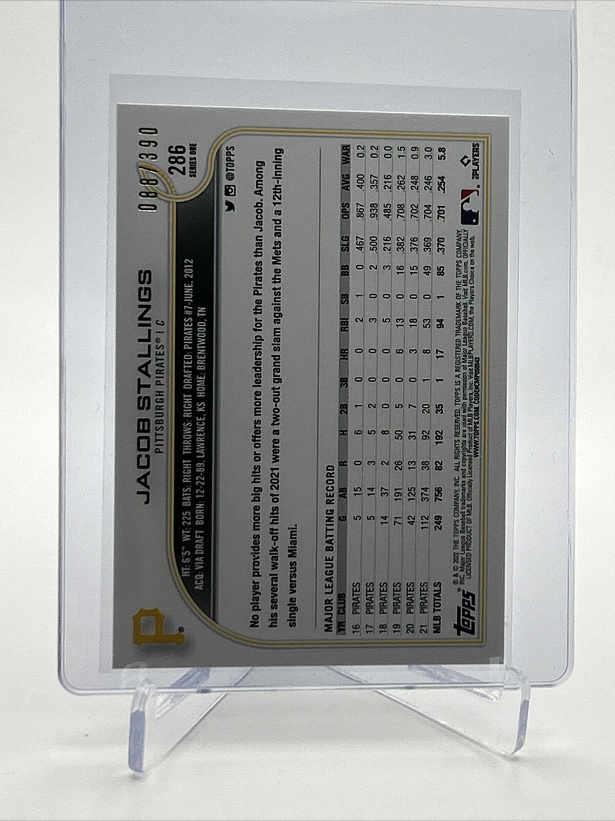 2022 Topps HOBBY FOILBOARD Jacob Stallings Baseball Card #286 /390 FREE SHIPPING