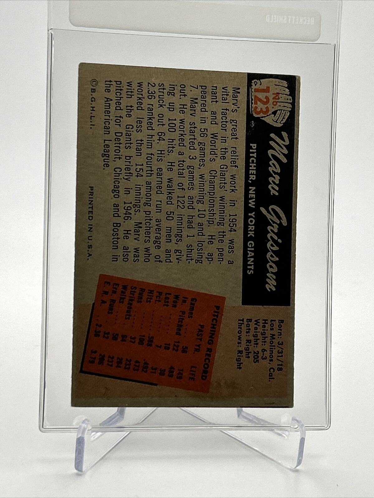 1955 Bowman Marv Grissom Baseball Card #123 VG Quality FREE SHIPPING