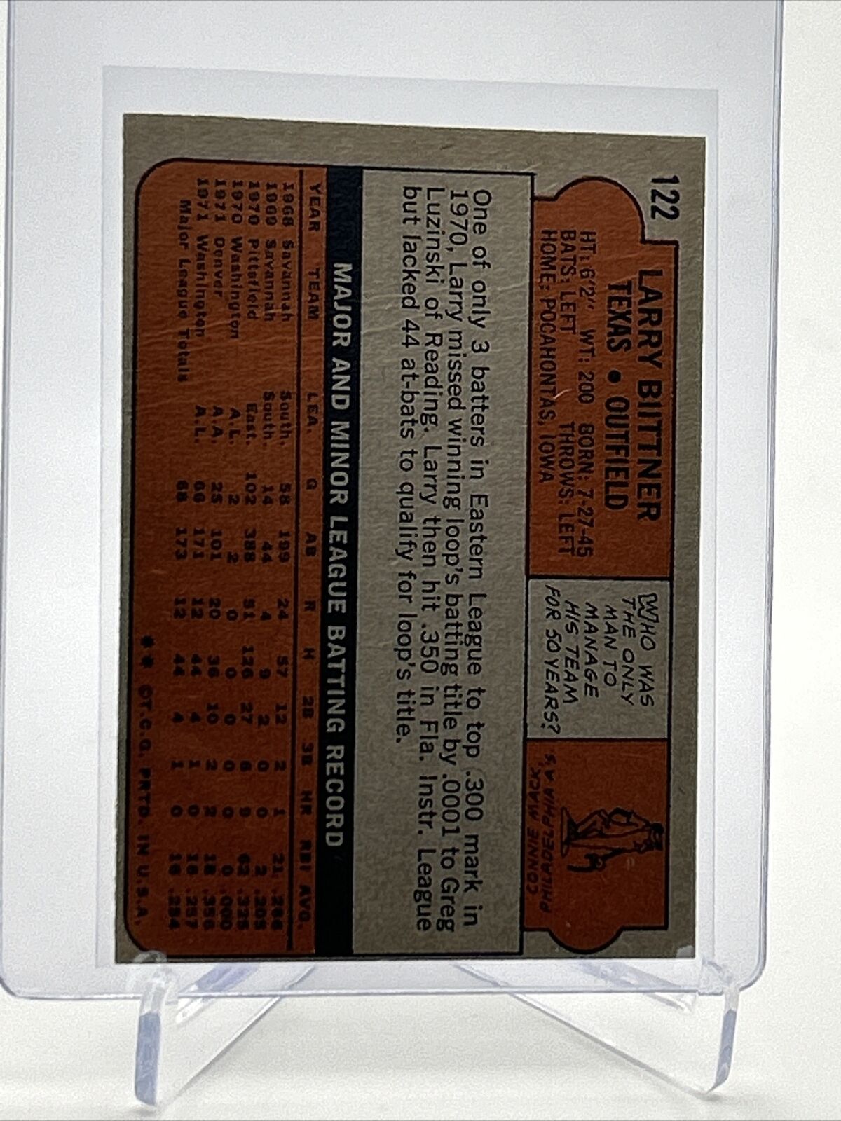 1972 Topps Larry Biittner Rookie Baseball Card #122 VG-EX Quality FREE SHIPPING