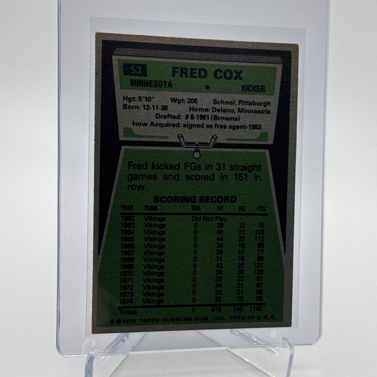 1975 Topps Fred Cox Football Card #53 NM Quality #2 FREE SHIPPING