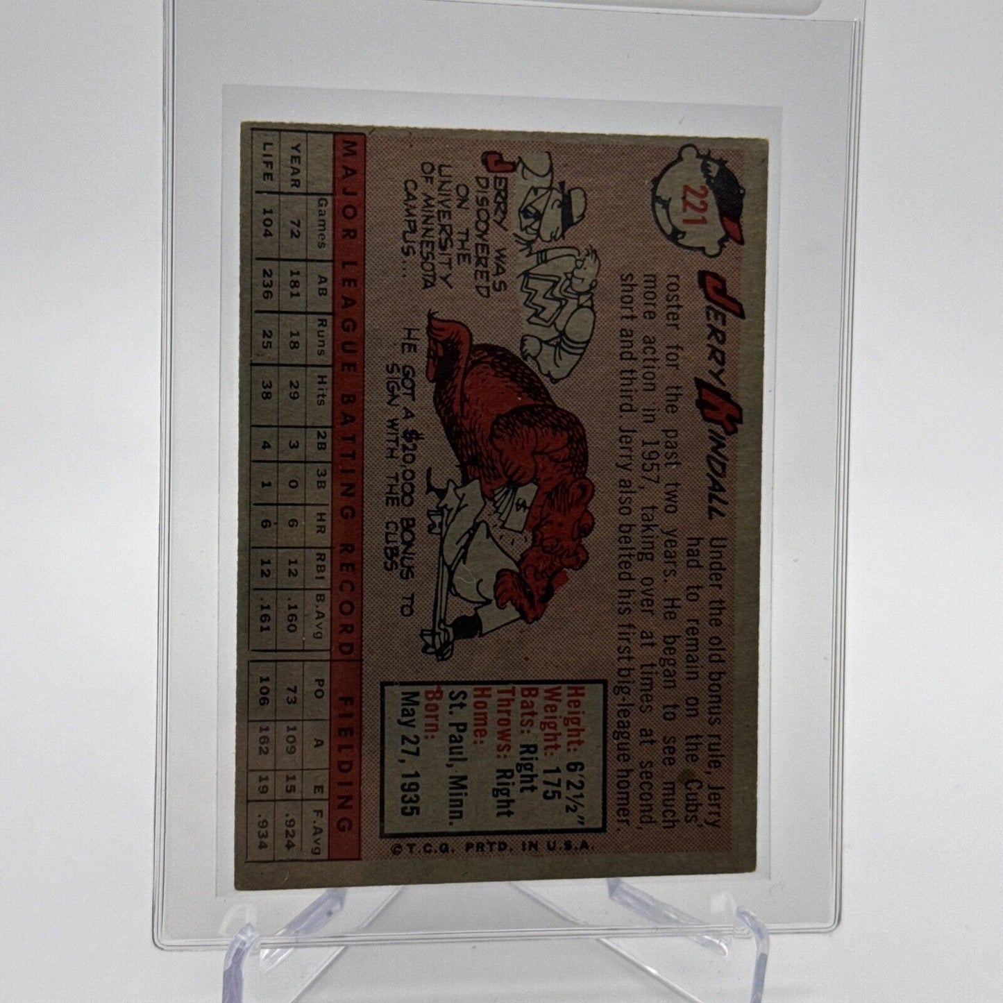 1958 Topps Jerry Kindall Rookie Baseball Card #221 EX Quality #5 FREE SHIPPING