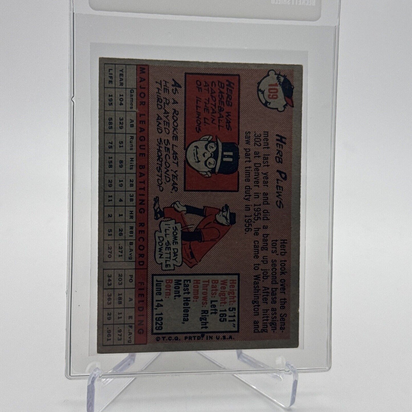 1958 Topps Herb Plews Baseball Card #109 EX Quality #4 FREE SHIPPING