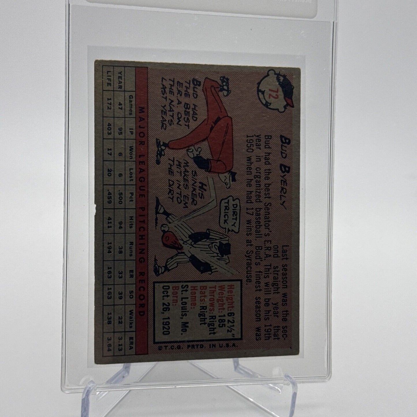 1958 Topps Bud Byerly Baseball Card #72 EX Quality #4 FREE SHIPPING