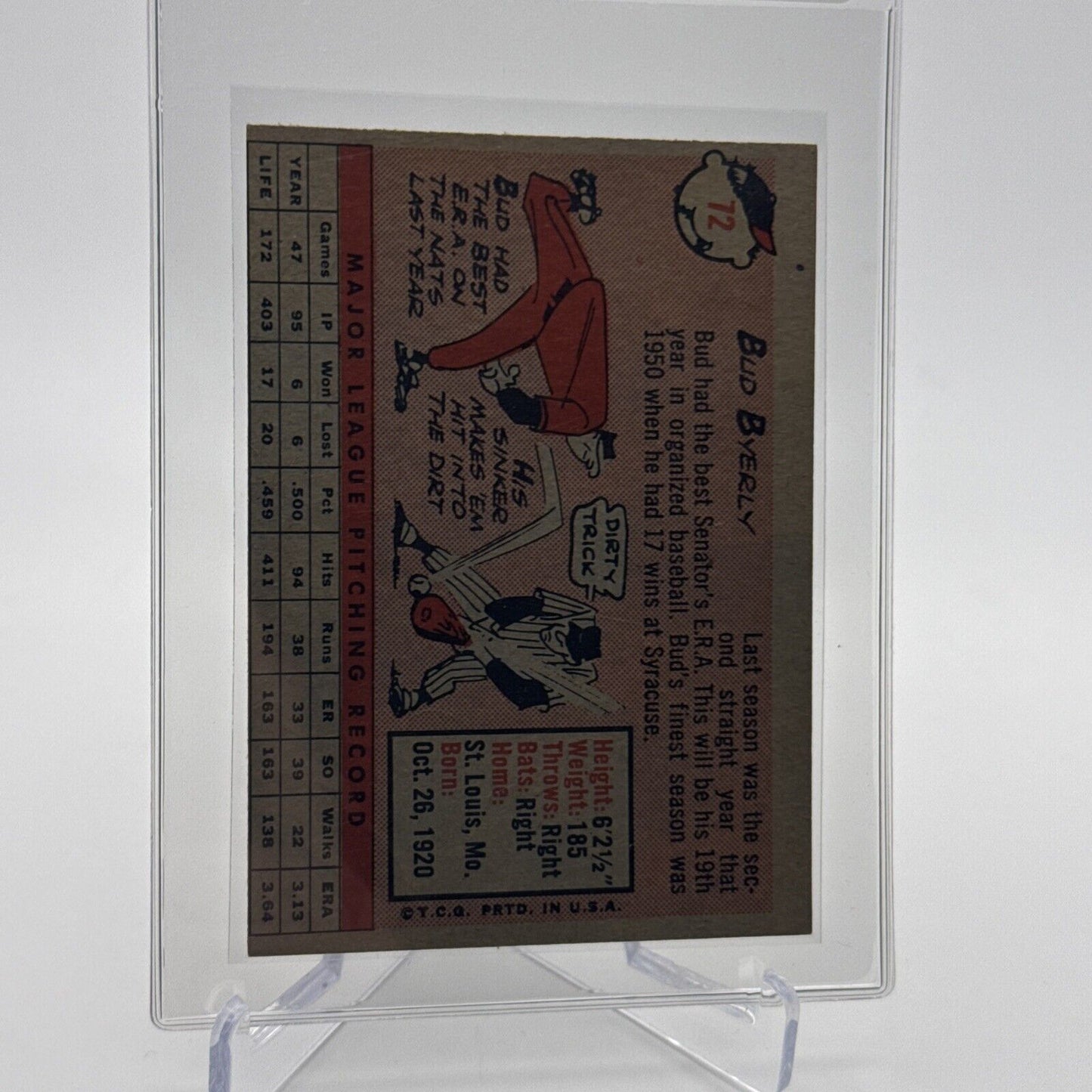 1958 Topps Bud Byerly Baseball Card #72 EX Quality #5 FREE SHIPPING