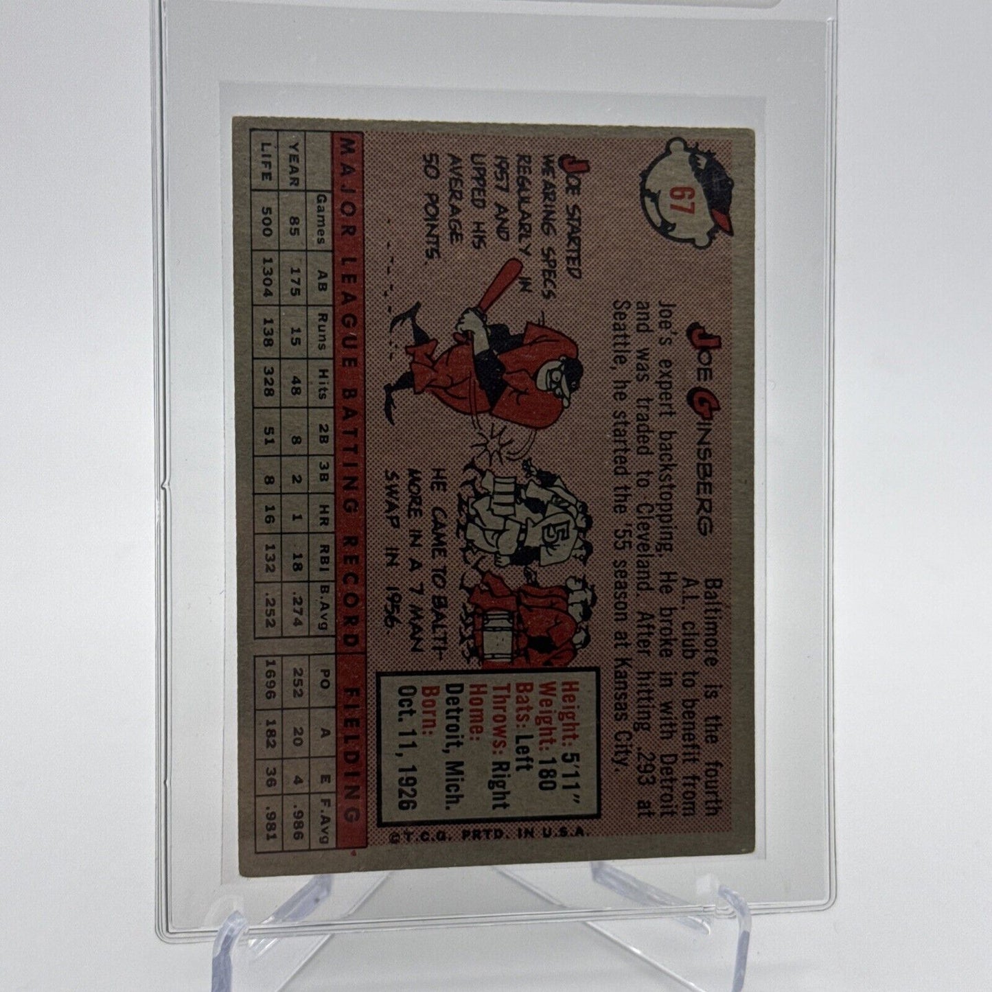 1958 Topps Joe Ginsberg Baseball Card #67 EX Quality #3 FREE SHIPPING