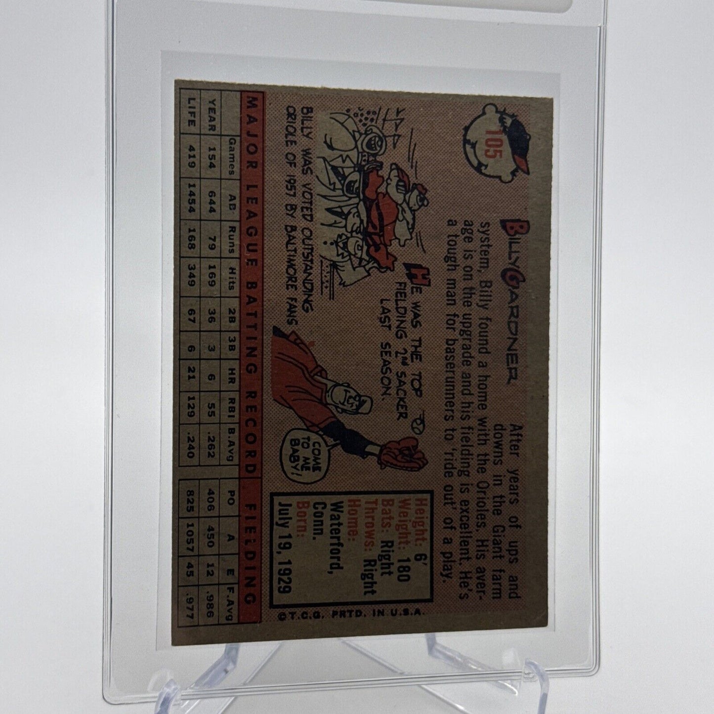 1958 Topps Billy Gardner Baseball Card #105 EX Quality #3 FREE SHIPPING