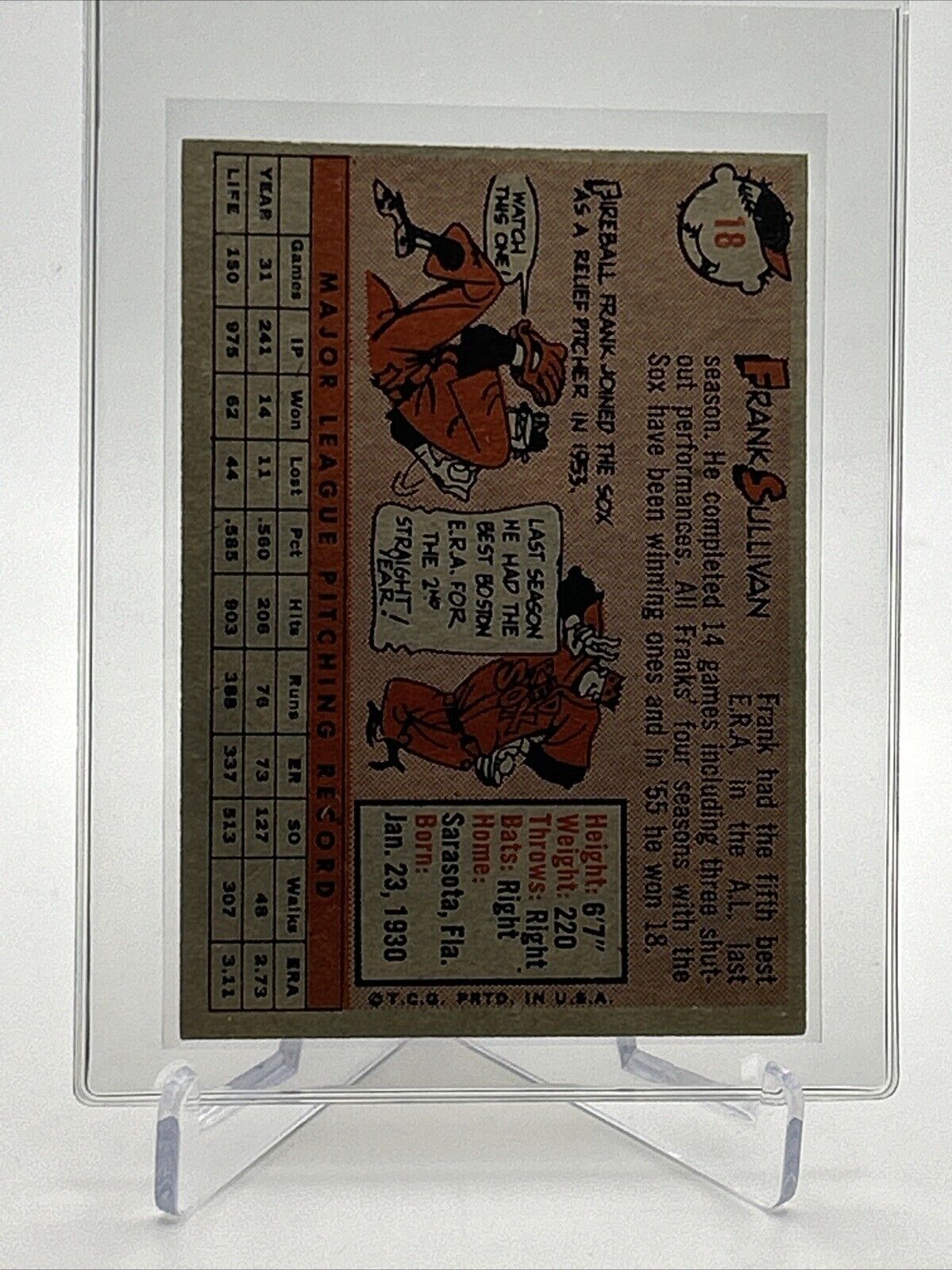 1958 Topps Frank Sullivan Baseball Card #18 EX Quality #6 FREE SHIPPING
