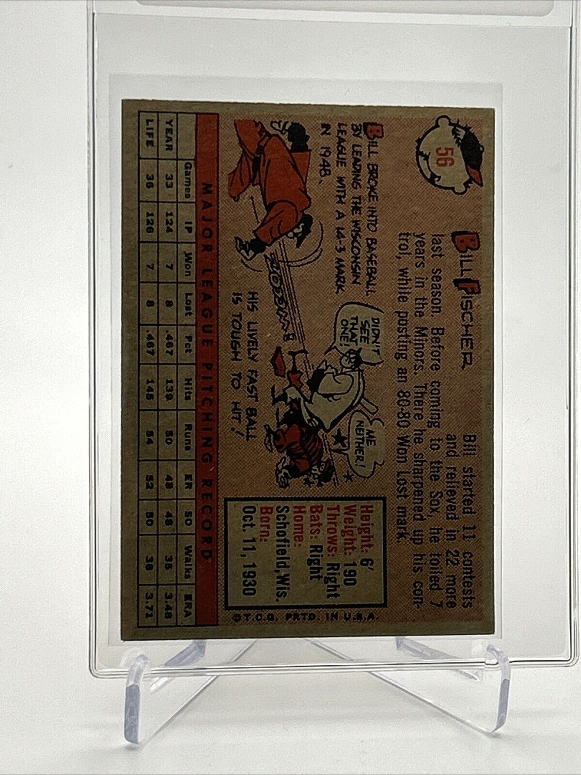 1958 Topps Bill Fischer Rookie Baseball Card #56 EX Quality #4 FREE SHIPPING