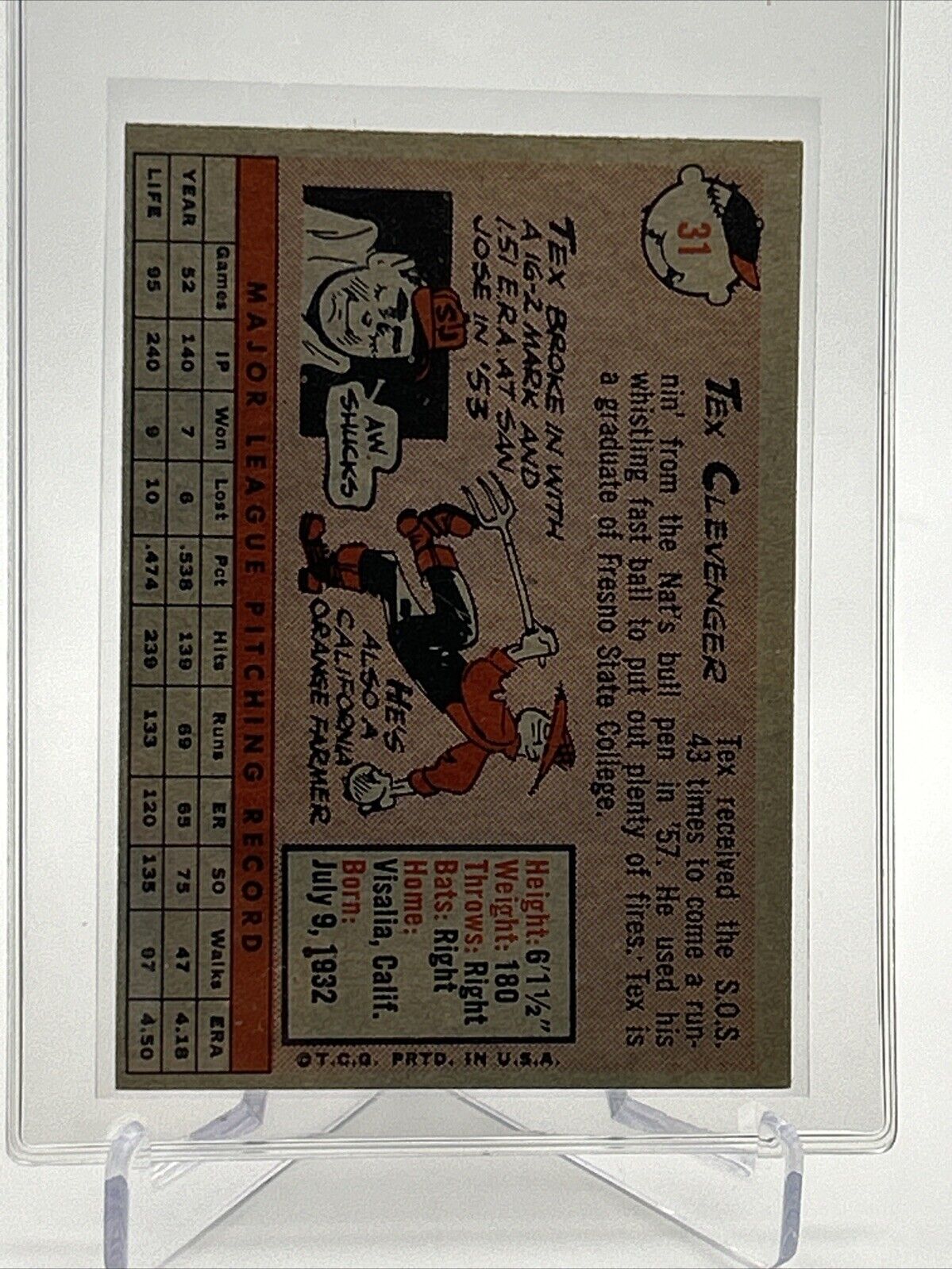 1958 Topps Tex Clevenger Rookie Baseball Card #31 EX Quality #6 FREE SHIPPING