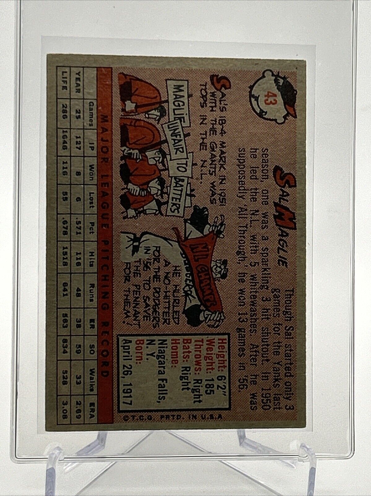 1958 Topps Sal Maglie Baseball Card #43 EX Quality #3 FREE SHIPPING