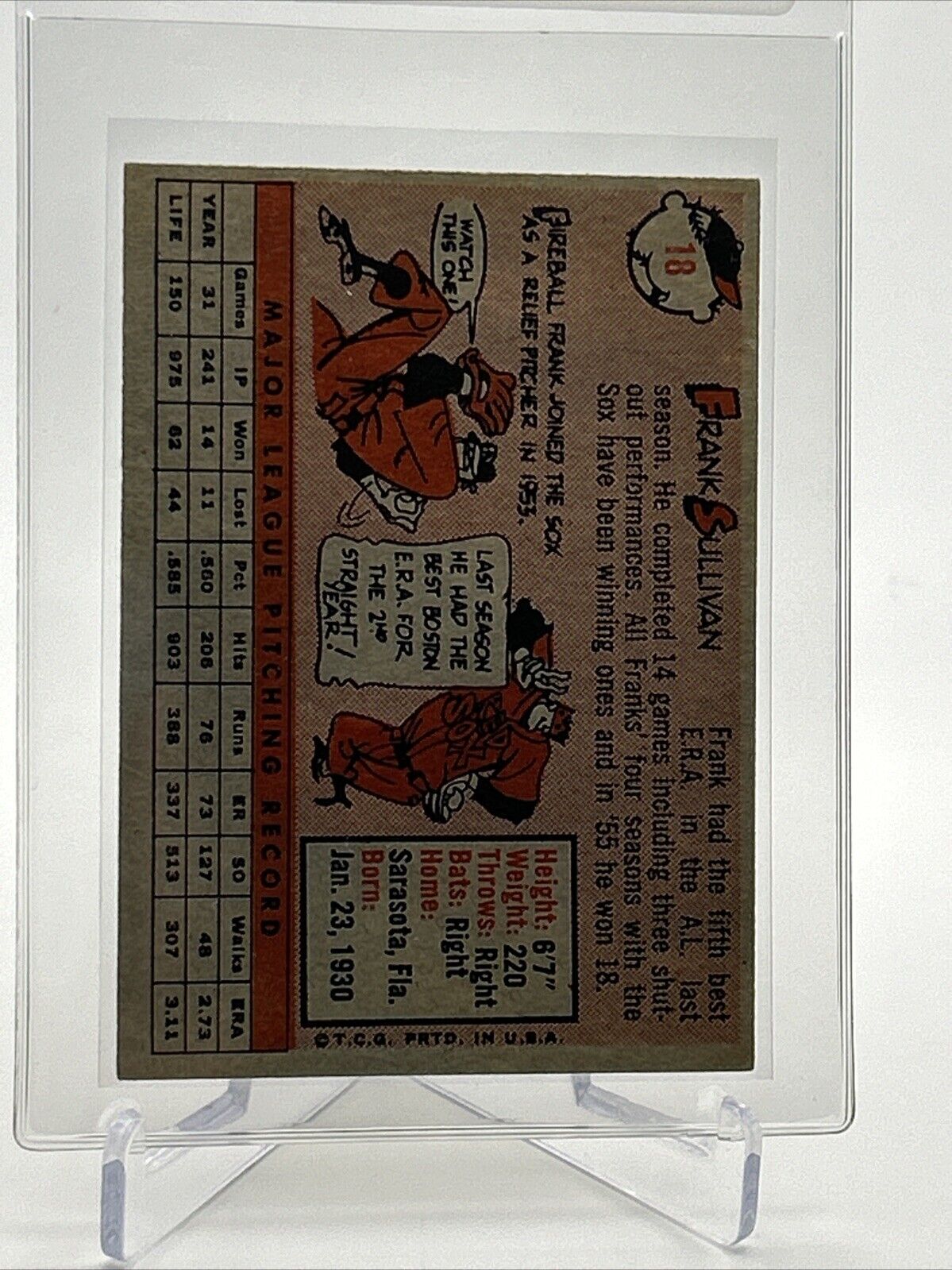 1958 Topps Frank Sullivan Baseball Card #18 EX Quality #3 FREE SHIPPING