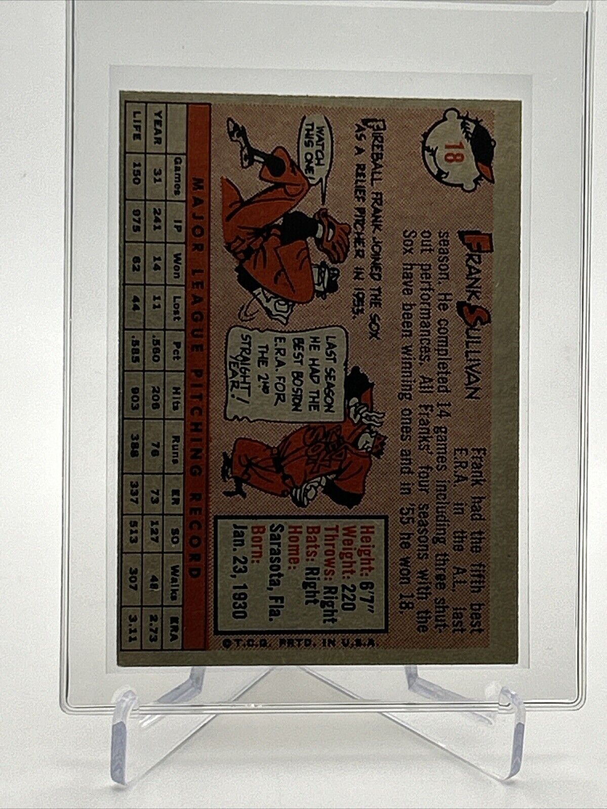 1958 Topps Frank Sullivan Baseball Card #18 EX Quality #4 FREE SHIPPING