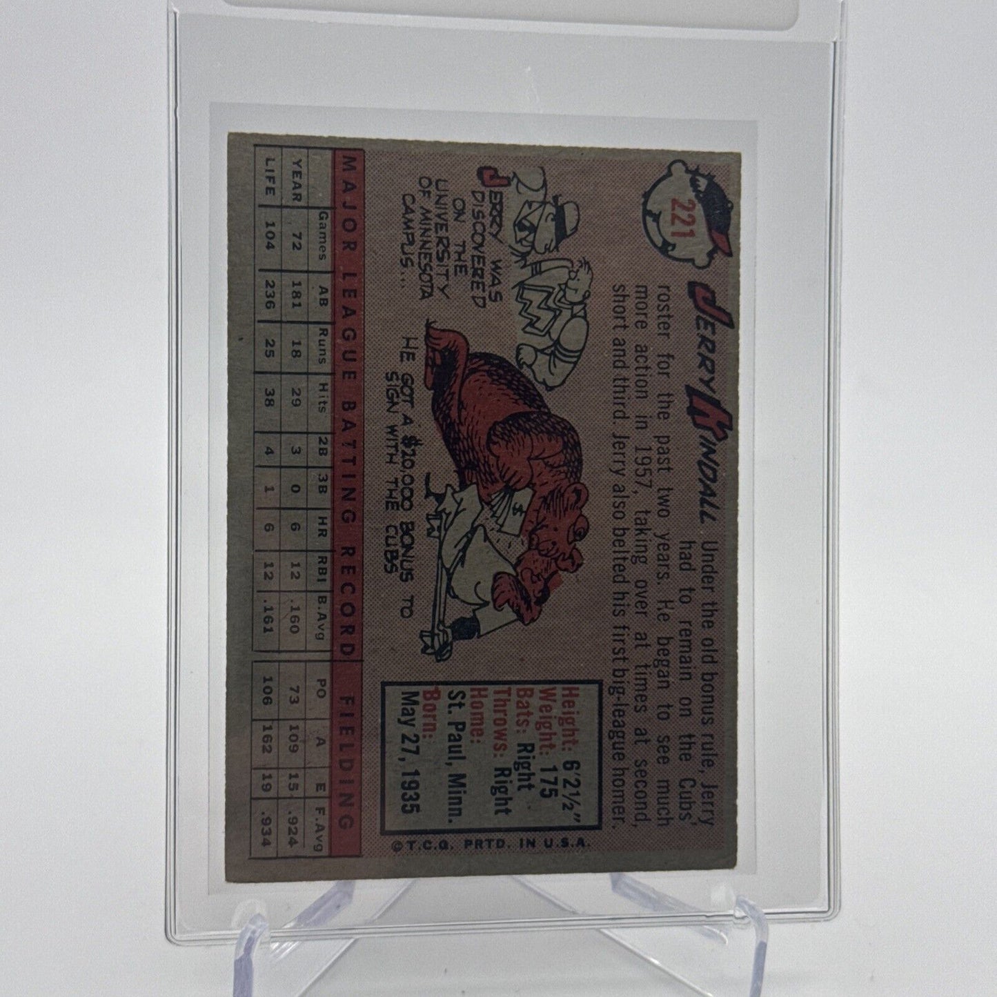 1958 Topps Jerry Kindall Rookie Baseball Card #221 EX Quality FREE SHIPPING