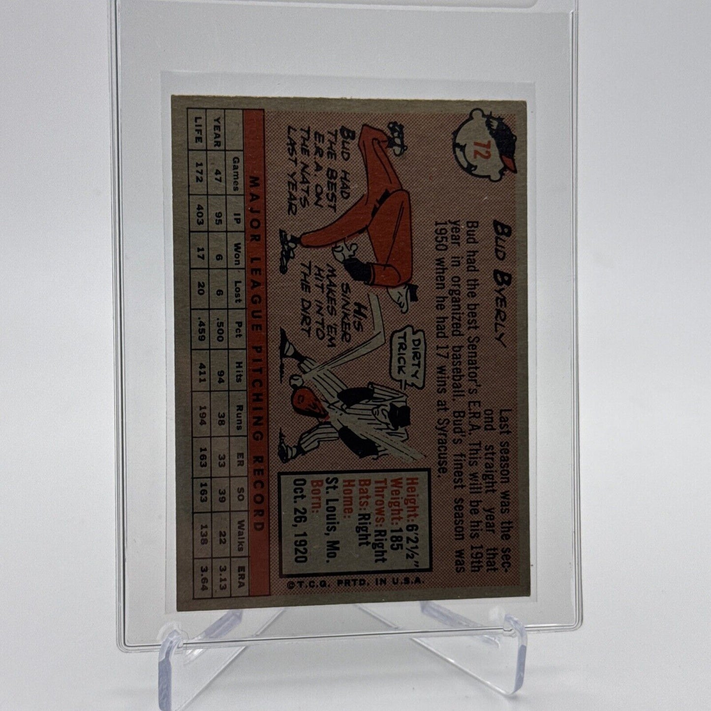 1958 Topps Bud Byerly Baseball Card #72 EX Quality FREE SHIPPING