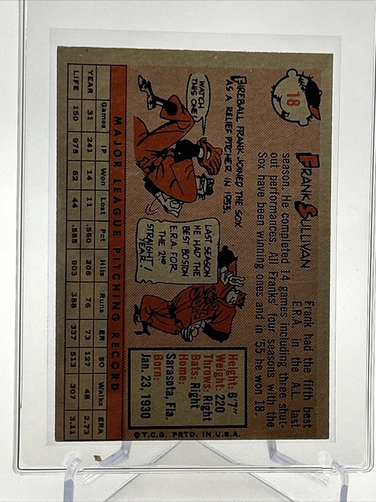 1958 Topps Frank Sullivan Baseball Card #18 EX Quality #2 FREE SHIPPING