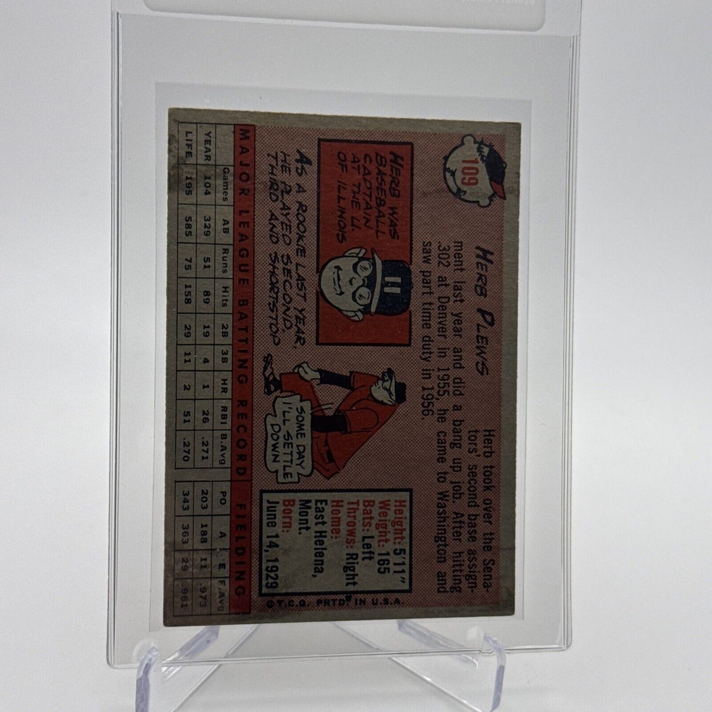 1958 Topps Herb Plews Baseball Card #109 EX Quality #3 FREE SHIPPING
