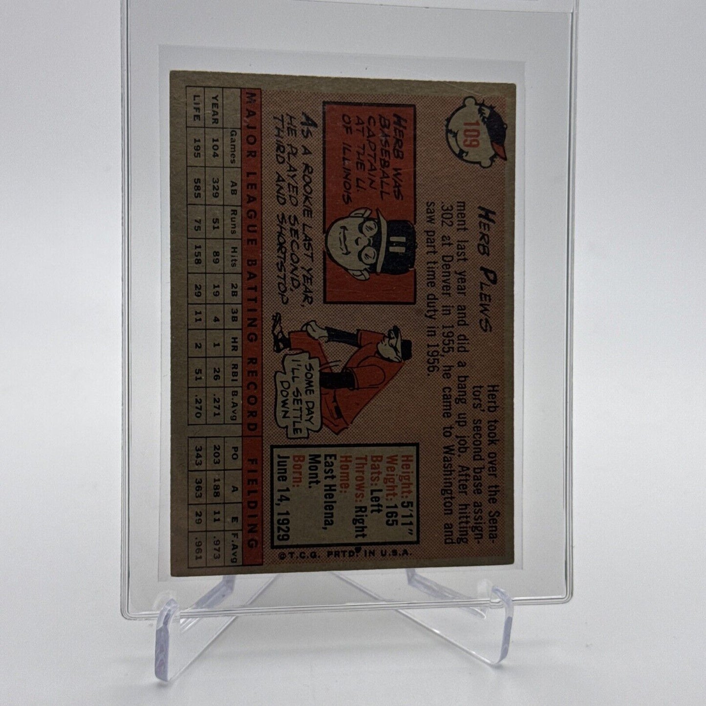 1958 Topps Herb Plews Baseball Card #109 EX Quality #7 FREE SHIPPING