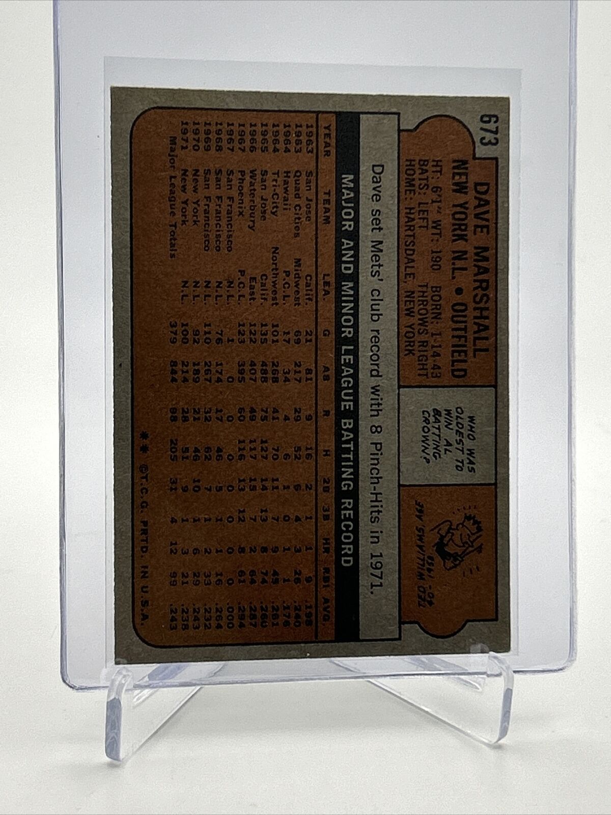 1972 Topps Dave Marshall Baseball Card #673 VG-EX Quality FREE SHIPPING