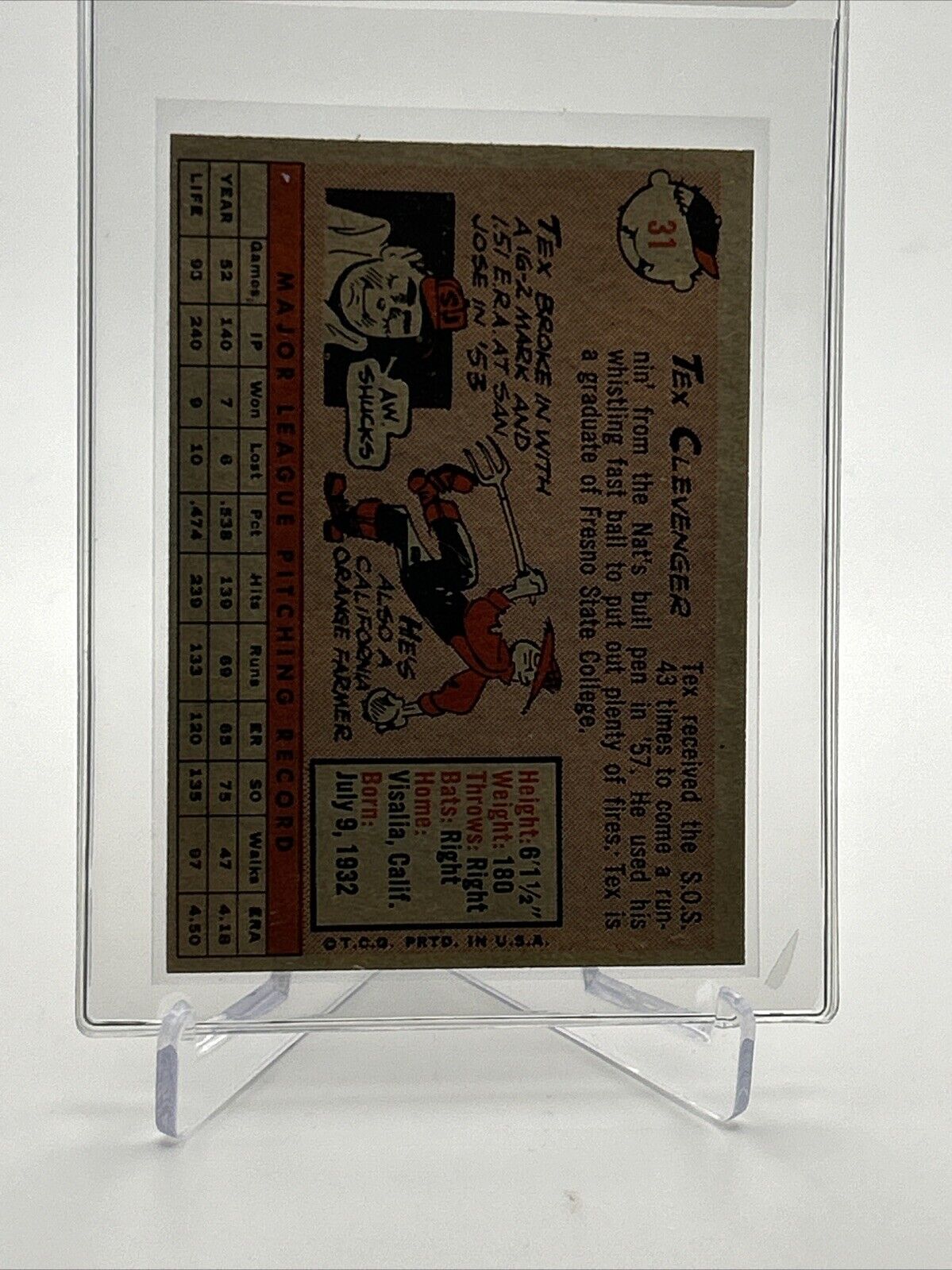 1958 Topps Tex Clevenger Rookie Baseball Card #31 EX Quality #5 FREE SHIPPING