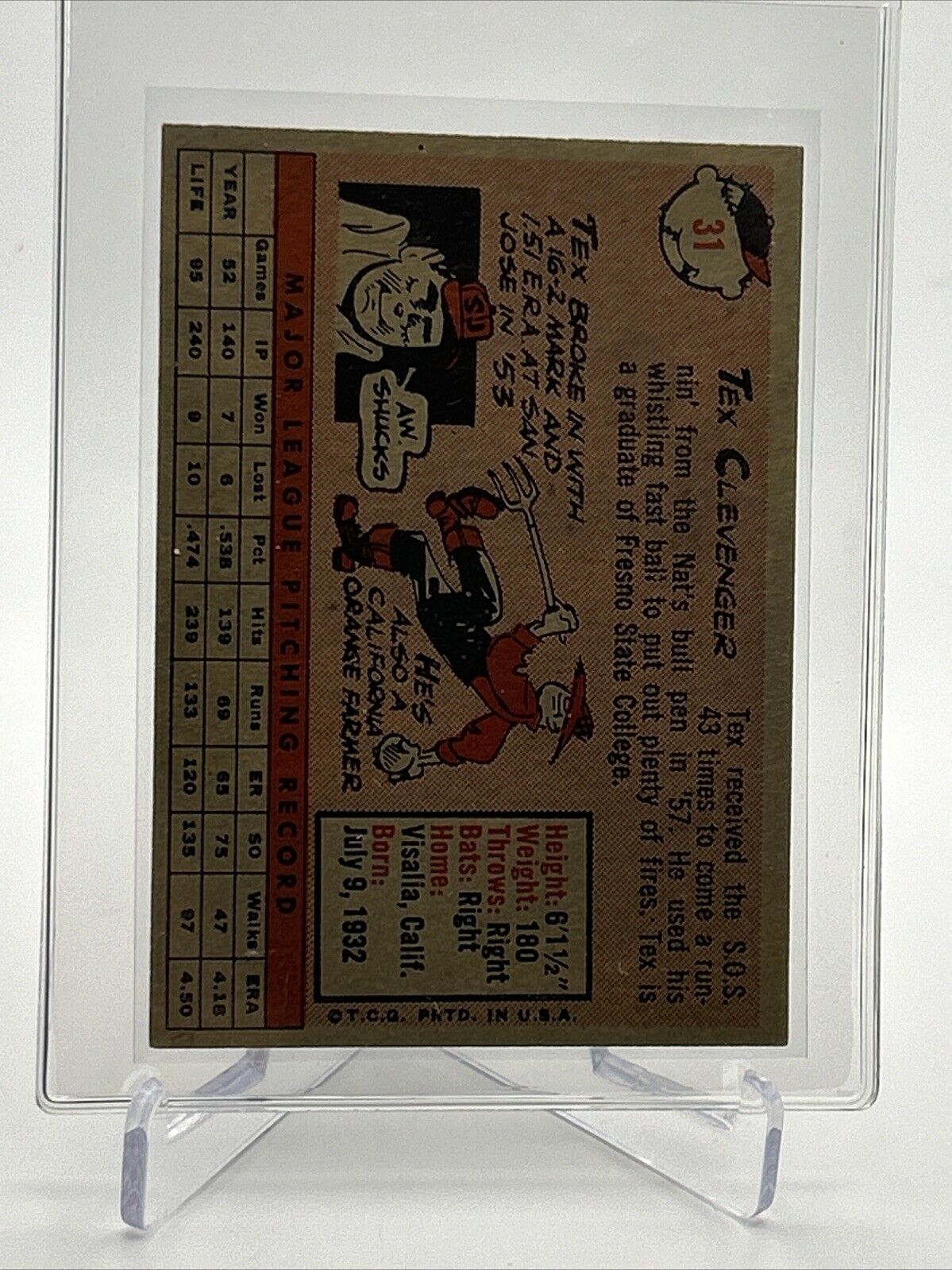 1958 Topps Tex Clevenger Rookie Baseball Card #31 EX Quality #3 FREE SHIPPING