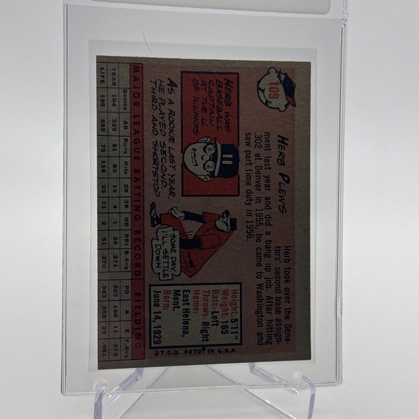 1958 Topps Herb Plews Baseball Card #109 EX Quality #5 FREE SHIPPING