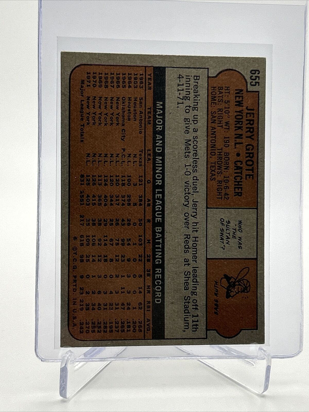 1972 Topps Jerry Grote Baseball Card #655 VG-EX Quality FREE SHIPPING