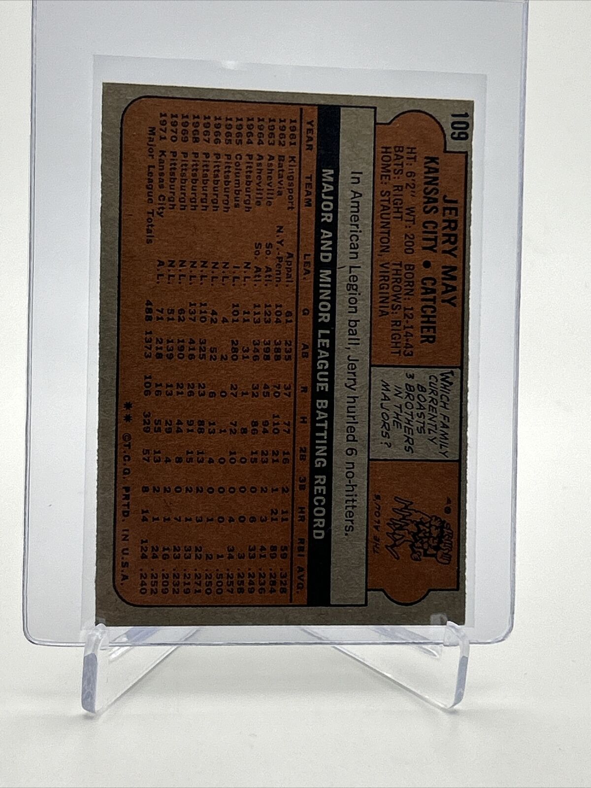 1972 Topps Jerry May Baseball Card #109 EX Quality FREE SHIPPING