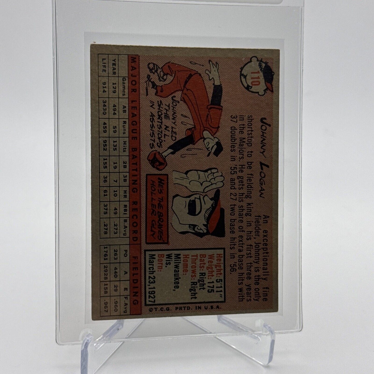 1958 Topps Johnny Logan Baseball Card #110 EX Quality FREE SHIPPING