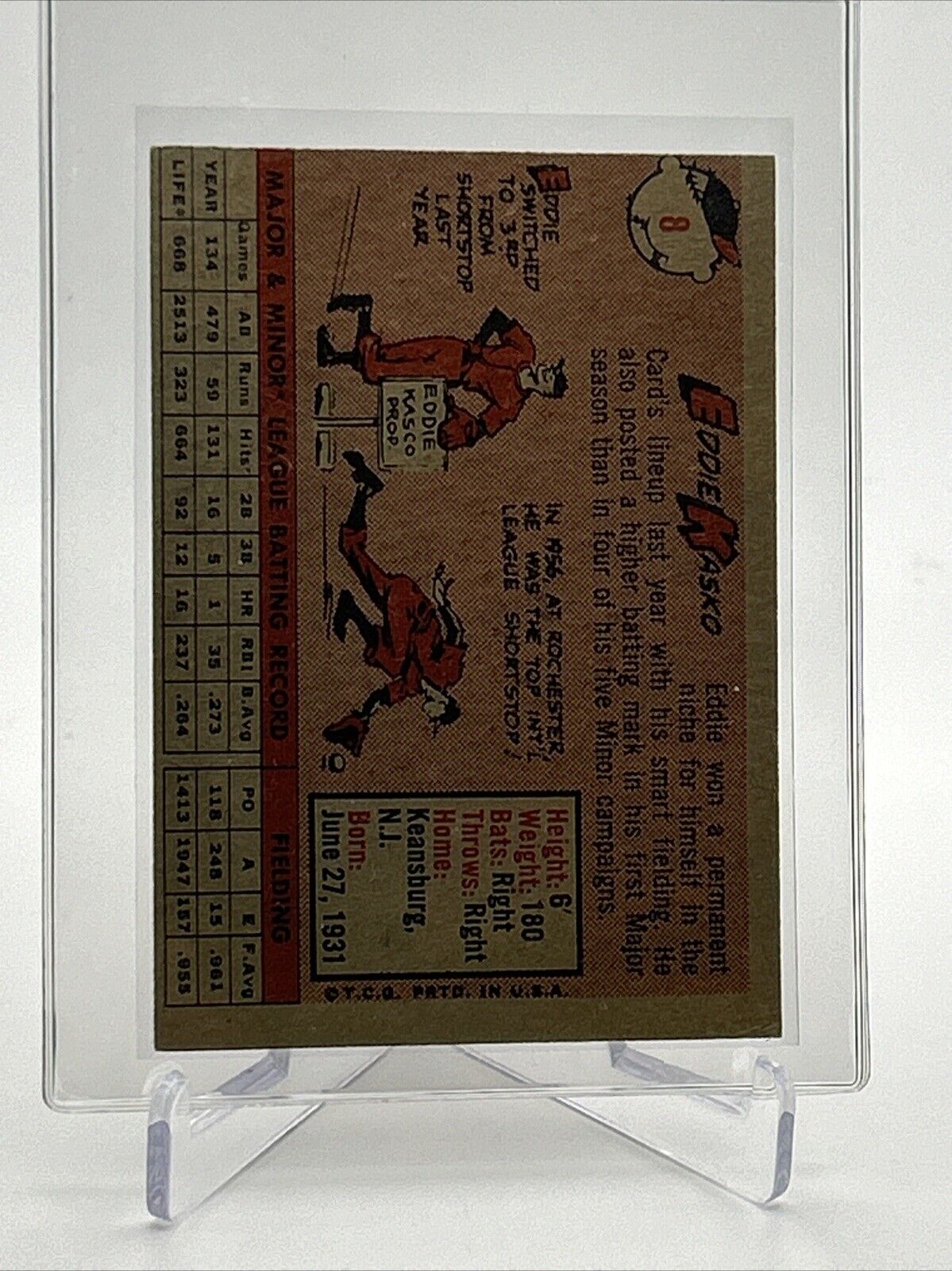 1958 Topps Eddie Kasko Baseball Card #8 EX Quality #3 FREE SHIPPING