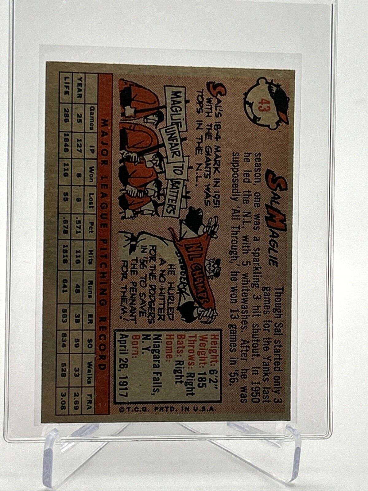 1958 Topps Sal Maglie Baseball Card #43 EX Quality #4 FREE SHIPPING