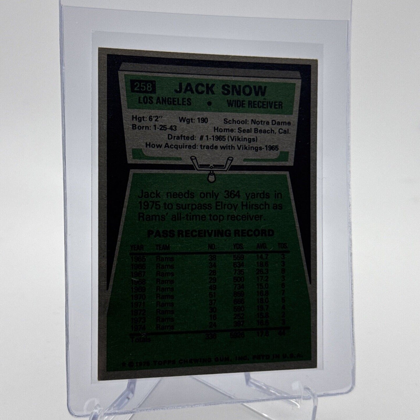 1975 Topps Jack Snow Football Card #258 NM Quality #6 FREE SHIPPING