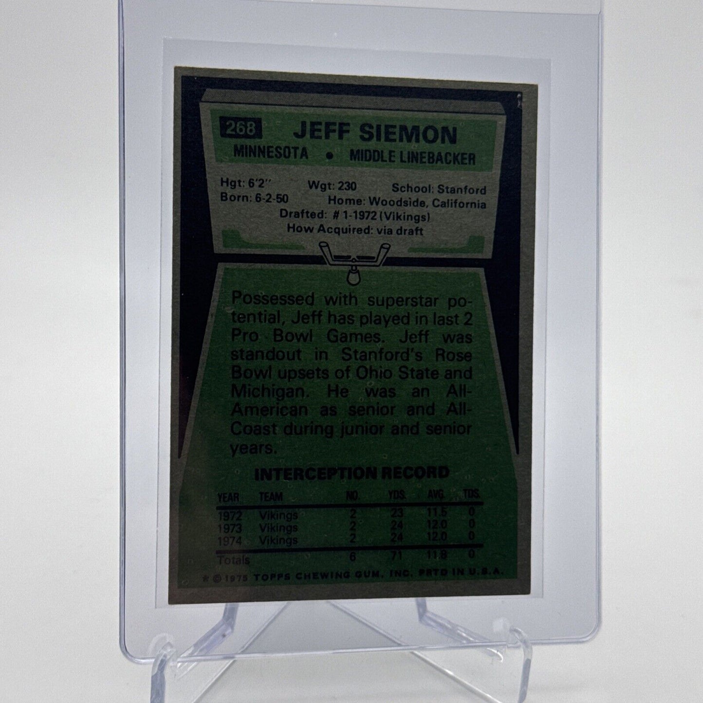 1975 Topps Jeff Siemon Football Card #268 NM Quality #2 FREE SHIPPING