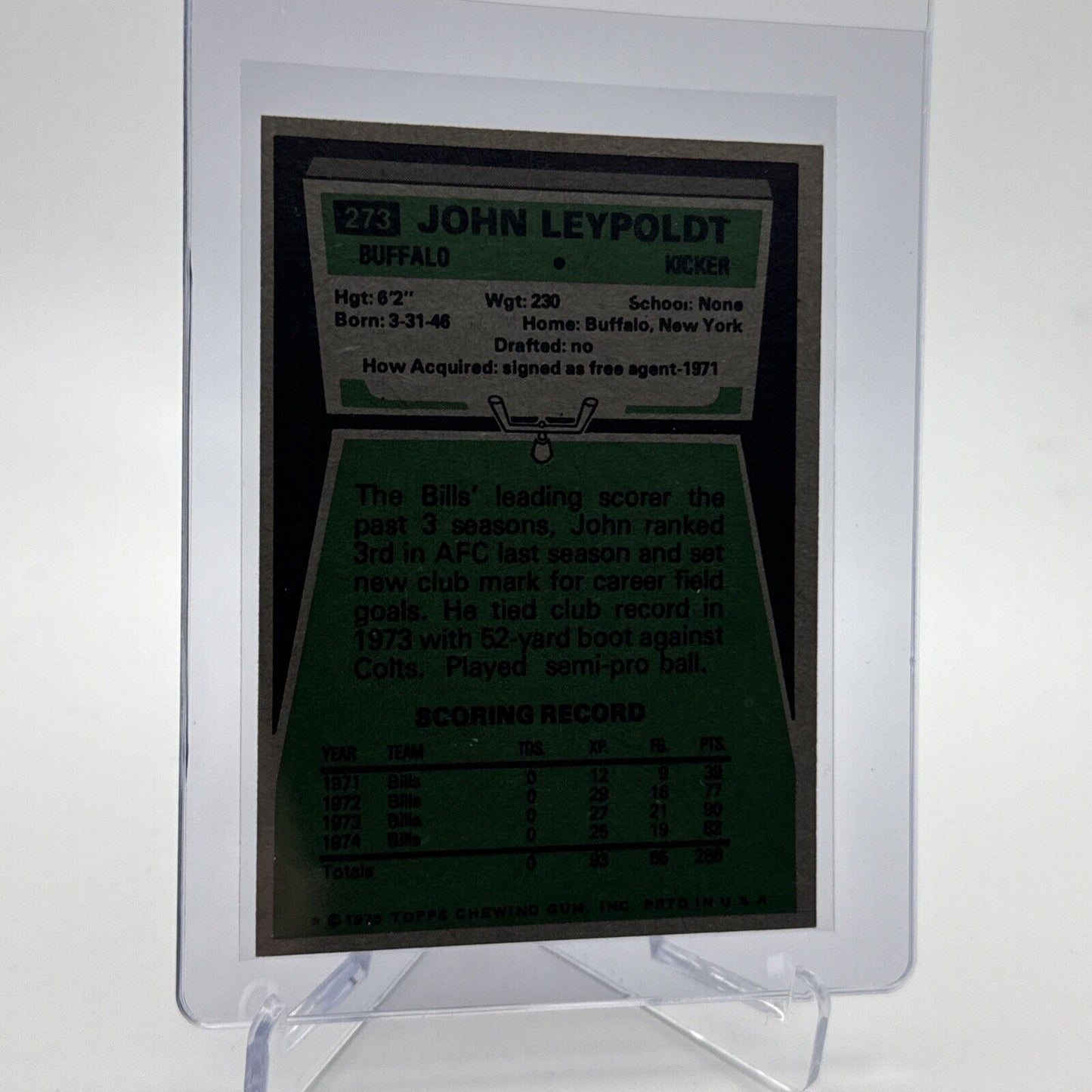1975 Topps John Leypoldt Football Card #273 NM Quality #6 FREE SHIPPING