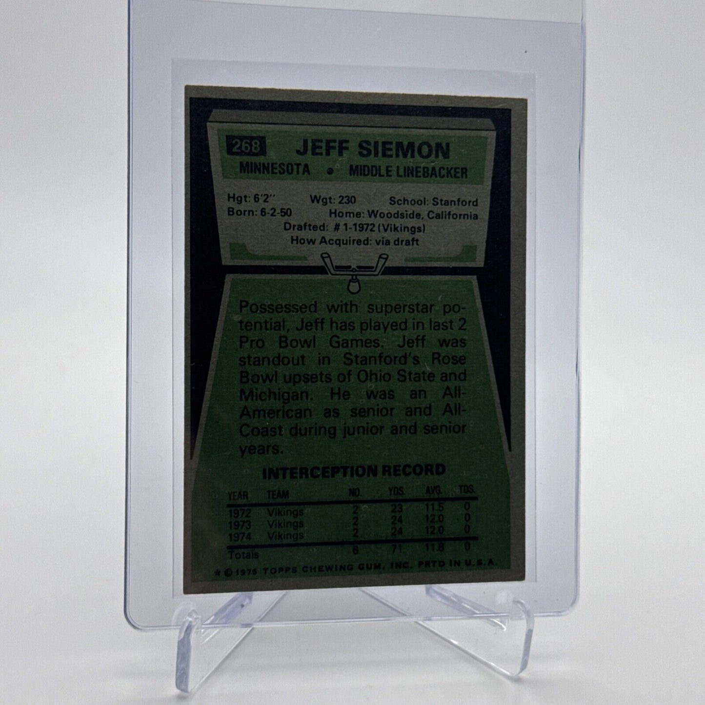 1975 Topps Jeff Siemon Football Card #268 NM Quality #4 FREE SHIPPING
