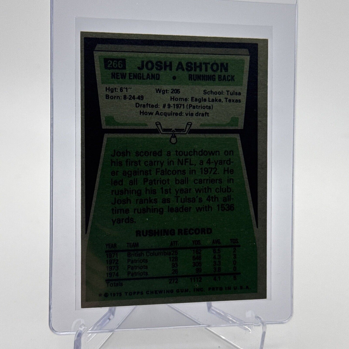 1975 Topps Josh Ashton Football Card #266 NM Quality #3 FREE SHIPPING
