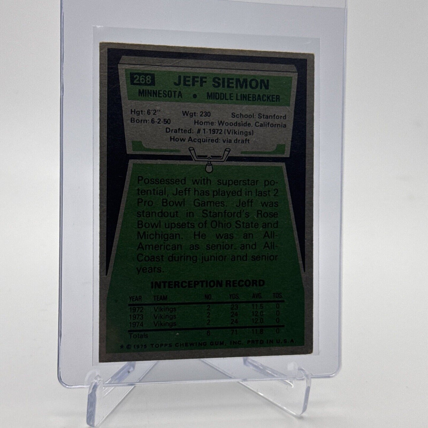 1975 Topps Jeff Siemon Football Card #268 NM Quality FREE SHIPPING