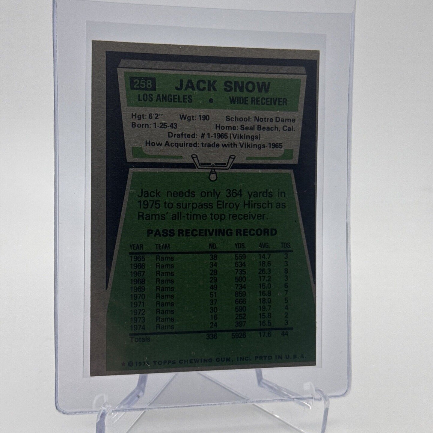 1975 Topps Jack Snow Football Card #258 NM Quality FREE SHIPPING