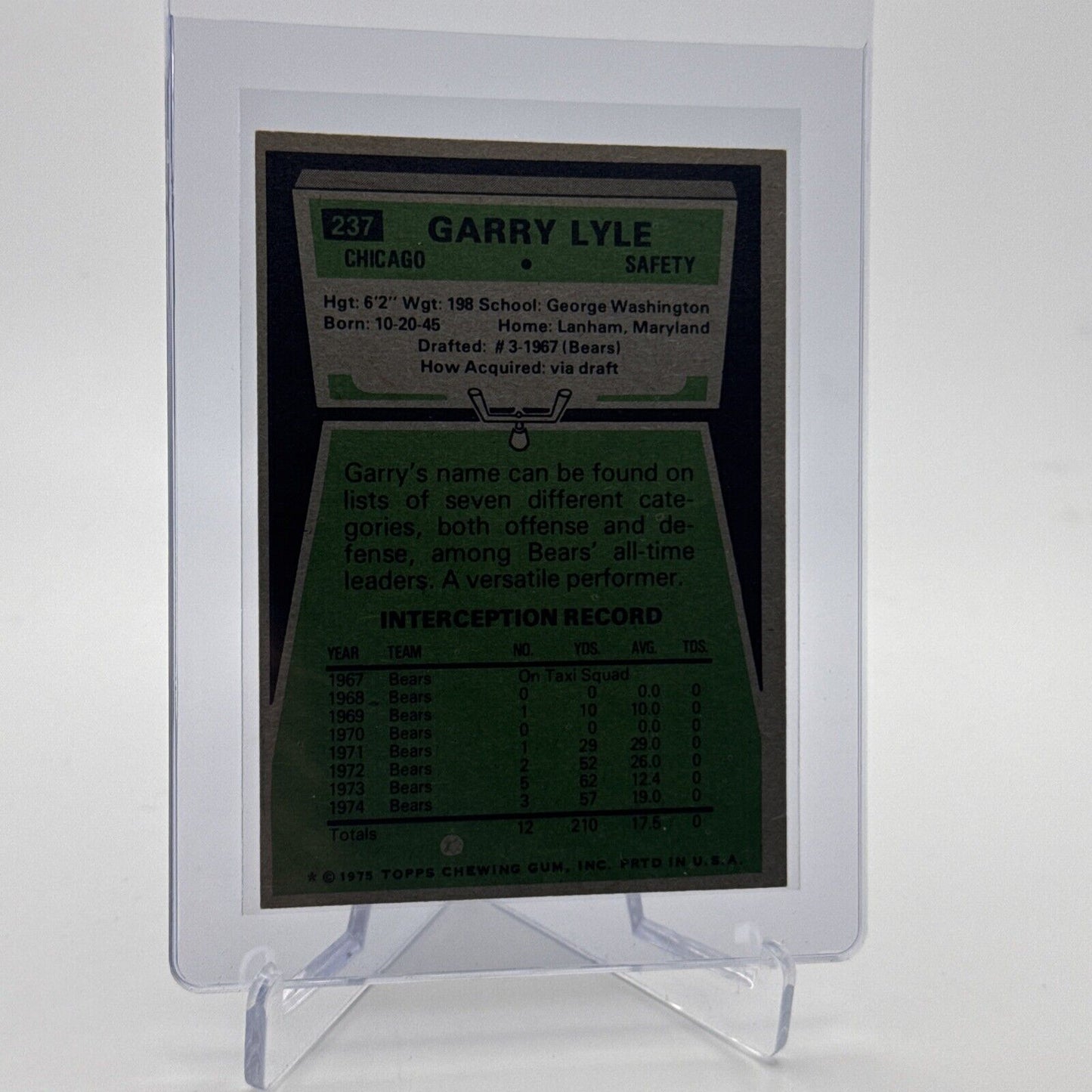 1975 Topps Garry Lyle Football Card #237 NM Quality #2 FREE SHIPPING